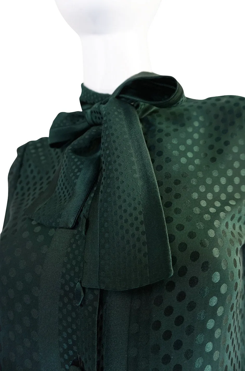 1970s Yves Saint Laurent attr Deep Green Silk Dot Top