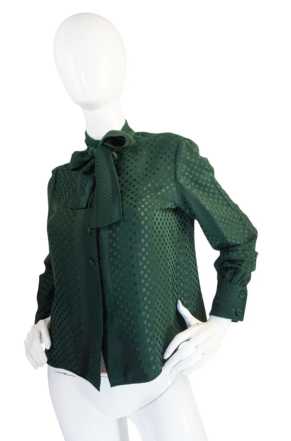 1970s Yves Saint Laurent attr Deep Green Silk Dot Top