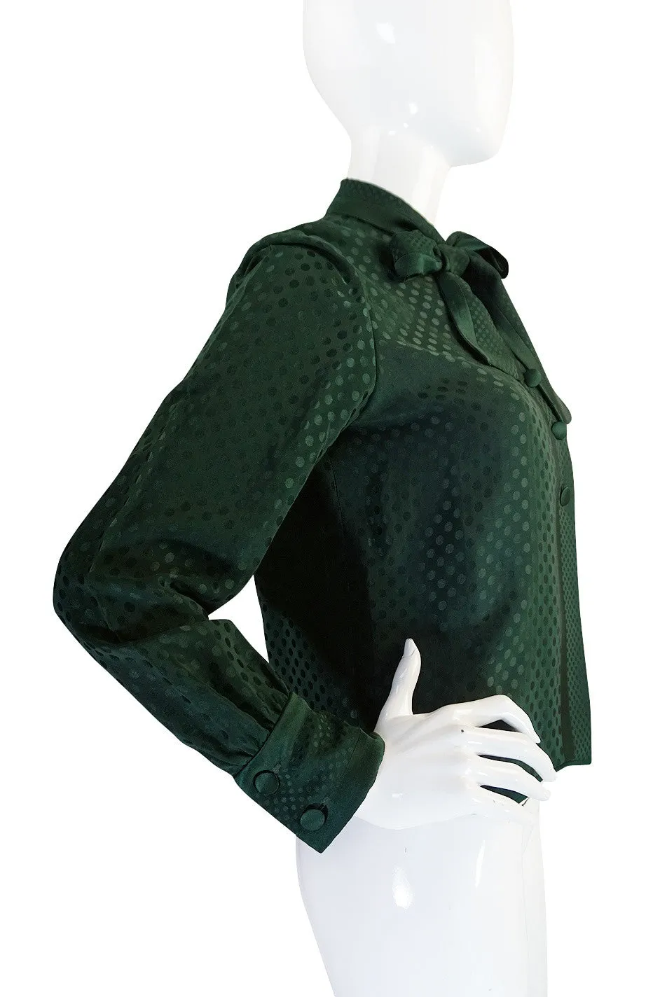 1970s Yves Saint Laurent attr Deep Green Silk Dot Top