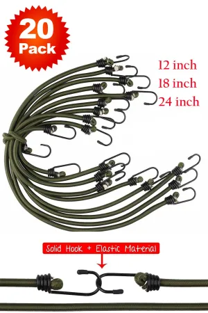 20 Pack Heavy Duty Elastic Bungee Cord with Zinc Hooks