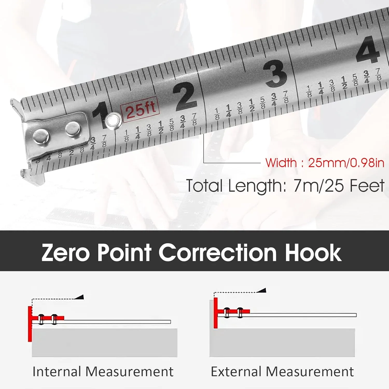 25FT Tape Measure Stainless Steel Measuring Tape Double-Sided Scale Retractable