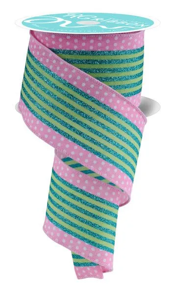 2.5" Vertical Stripe/Polka Dot Edge: Teal, Pink, Green (10 Yards) RGF156615