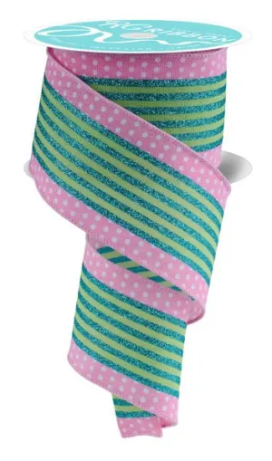 2.5" Vertical Stripe/Polka Dot Edge: Teal, Pink, Green (10 Yards) RGF156615