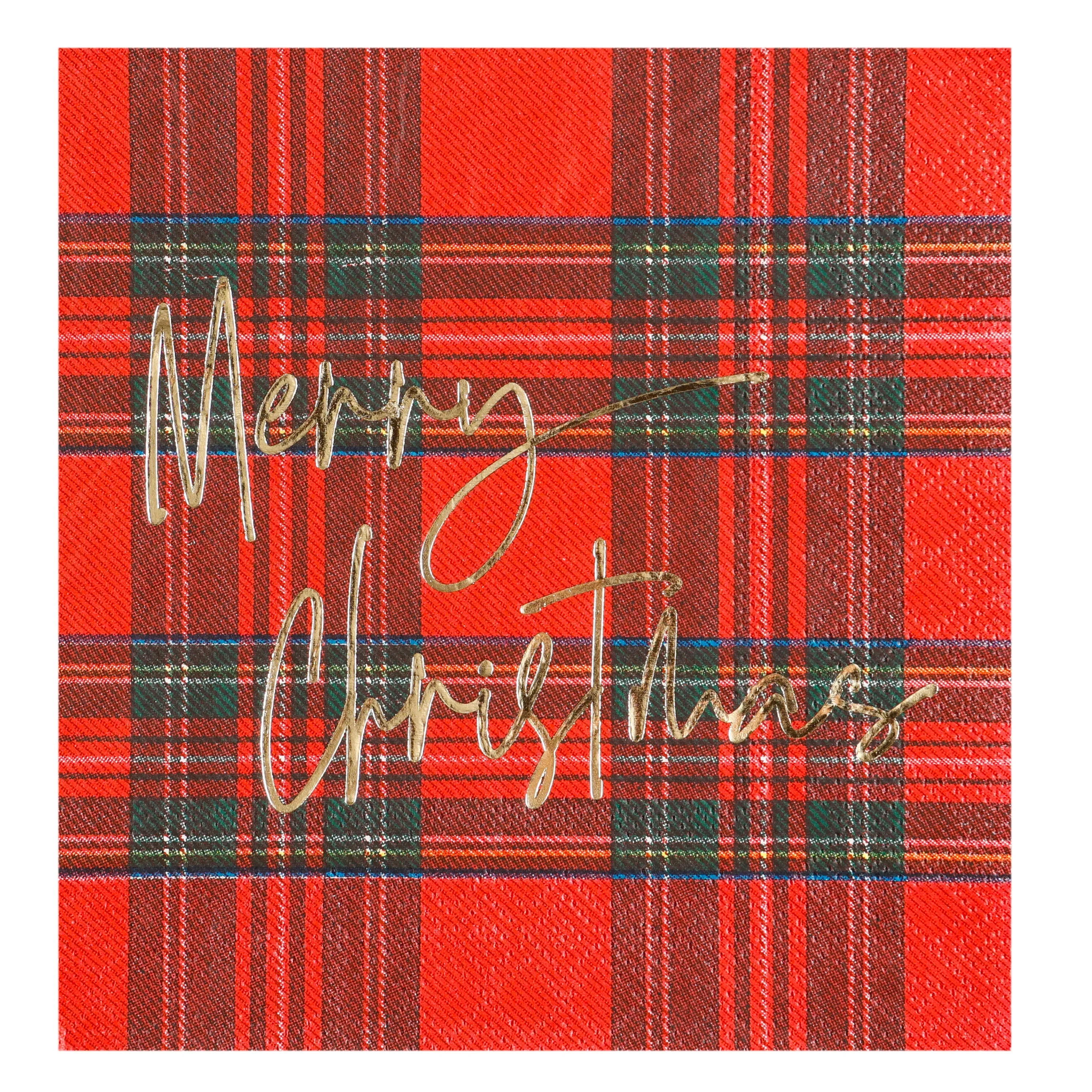 $4.00 min 12 RED PLAID MERRY CHRISTMAS BEVERAGE NAPKIN..20 pieces per pkg