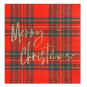 $4.00 min 12 RED PLAID MERRY CHRISTMAS BEVERAGE NAPKIN..20 pieces per pkg