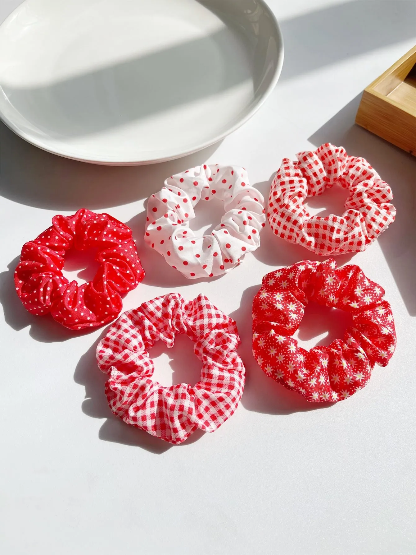 5pcs Polka Dot & Plaid Pattern Scrunchie