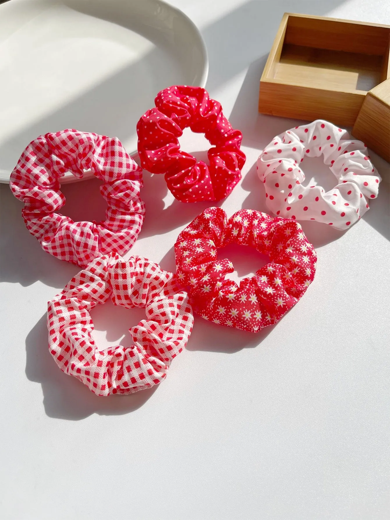 5pcs Polka Dot & Plaid Pattern Scrunchie
