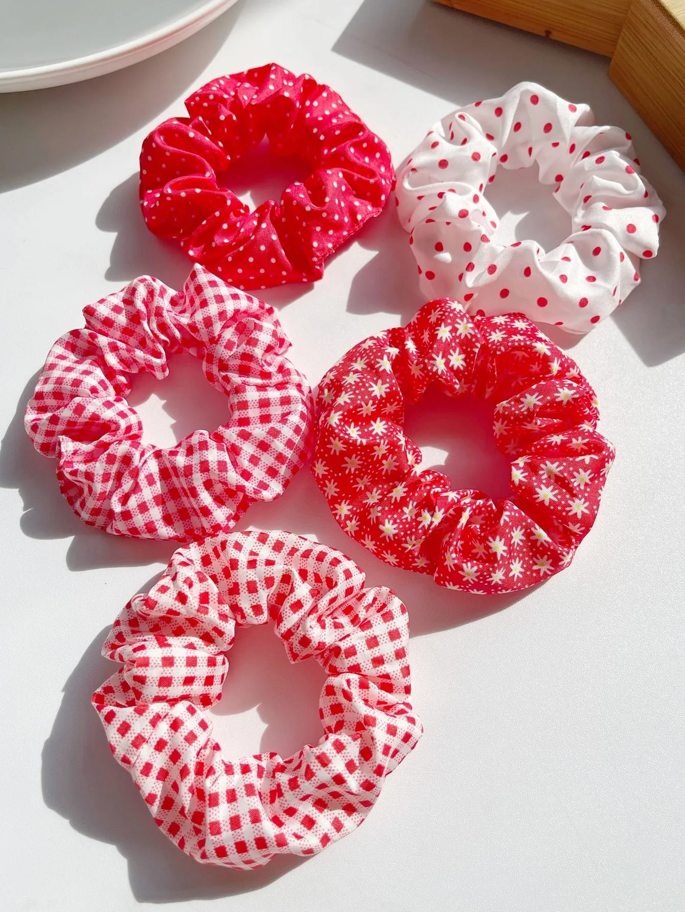 5pcs Polka Dot & Plaid Pattern Scrunchie