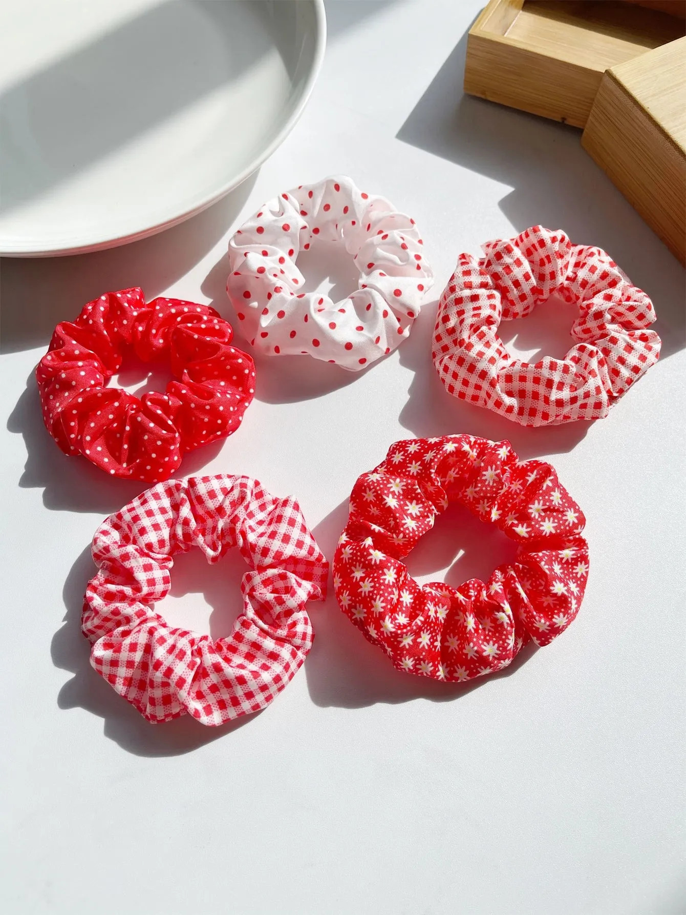 5pcs Polka Dot & Plaid Pattern Scrunchie