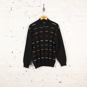 90's 1/4 Zip Pattern Knit Jumper - Black - XL