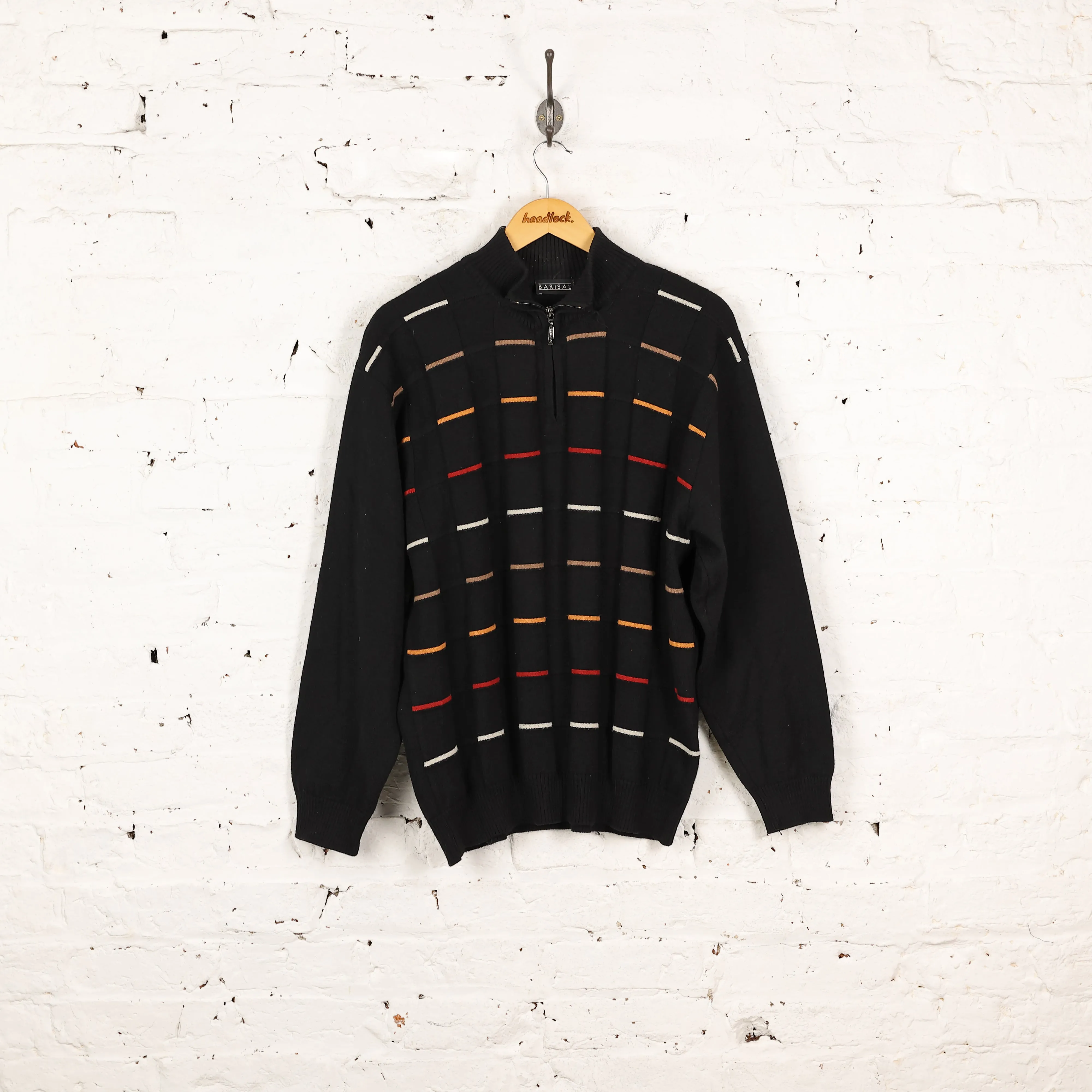 90's 1/4 Zip Pattern Knit Jumper - Black - XL