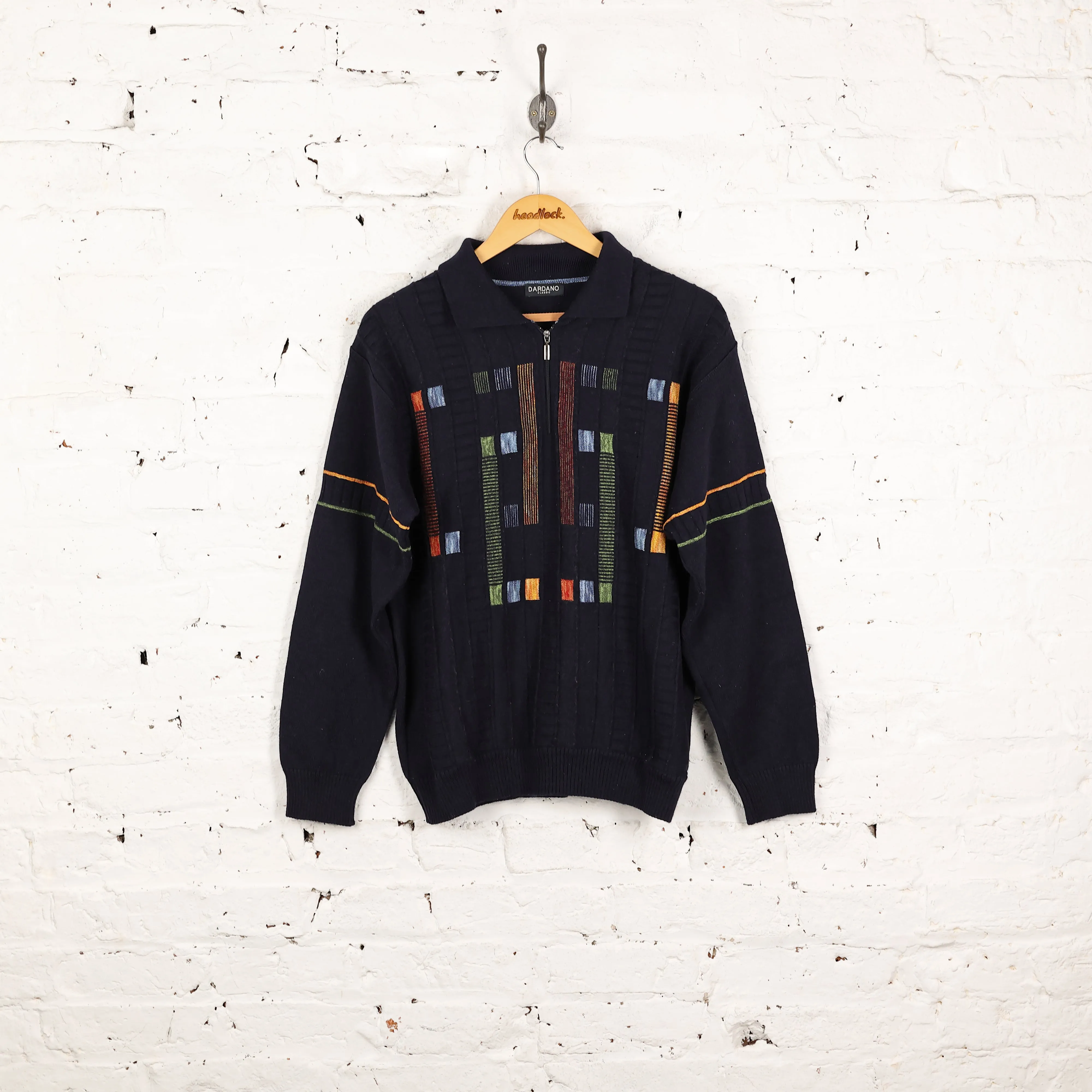 90s Collared 1/4 Zip Pattern Knit Jumper - Blue - M
