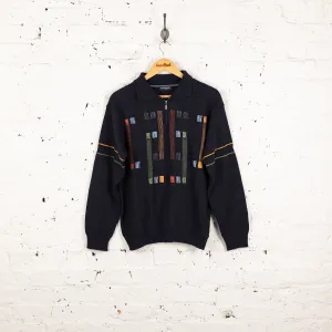 90s Collared 1/4 Zip Pattern Knit Jumper - Blue - M