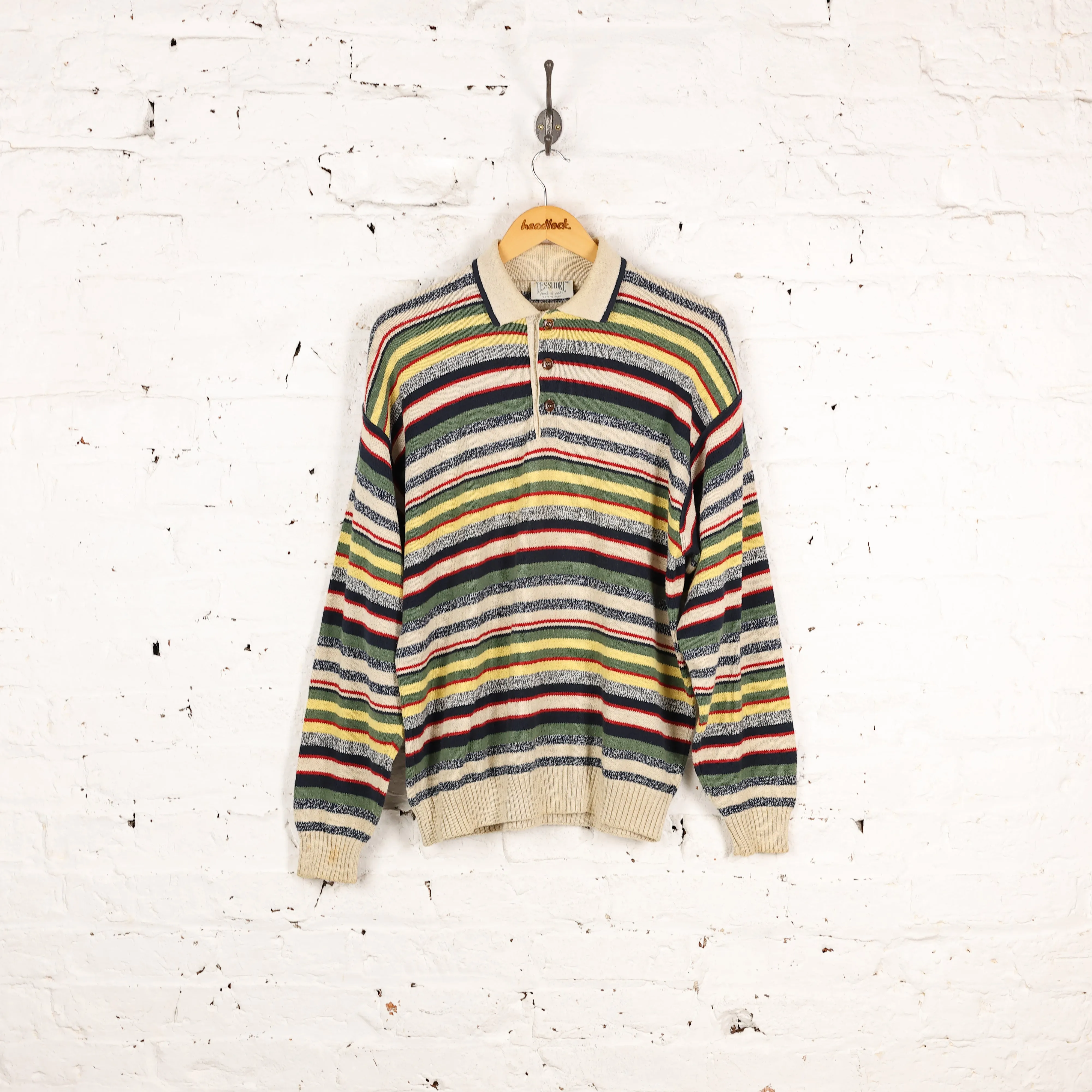 90s Collared Striped Knit Jumper - Beige - L