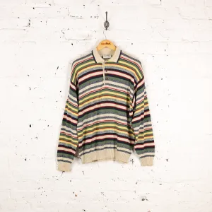 90s Collared Striped Knit Jumper - Beige - L