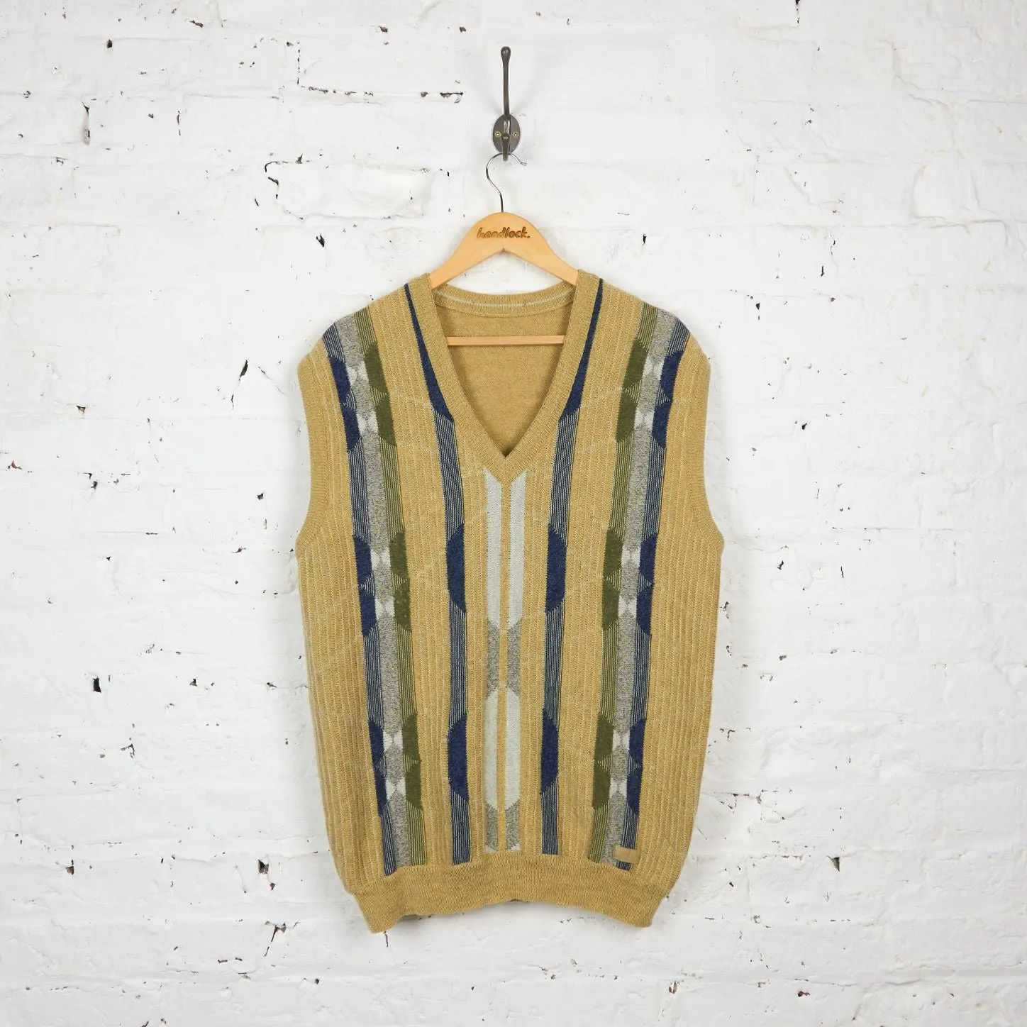 90s Striped Pattern Knit Tank Top - Yellow - L