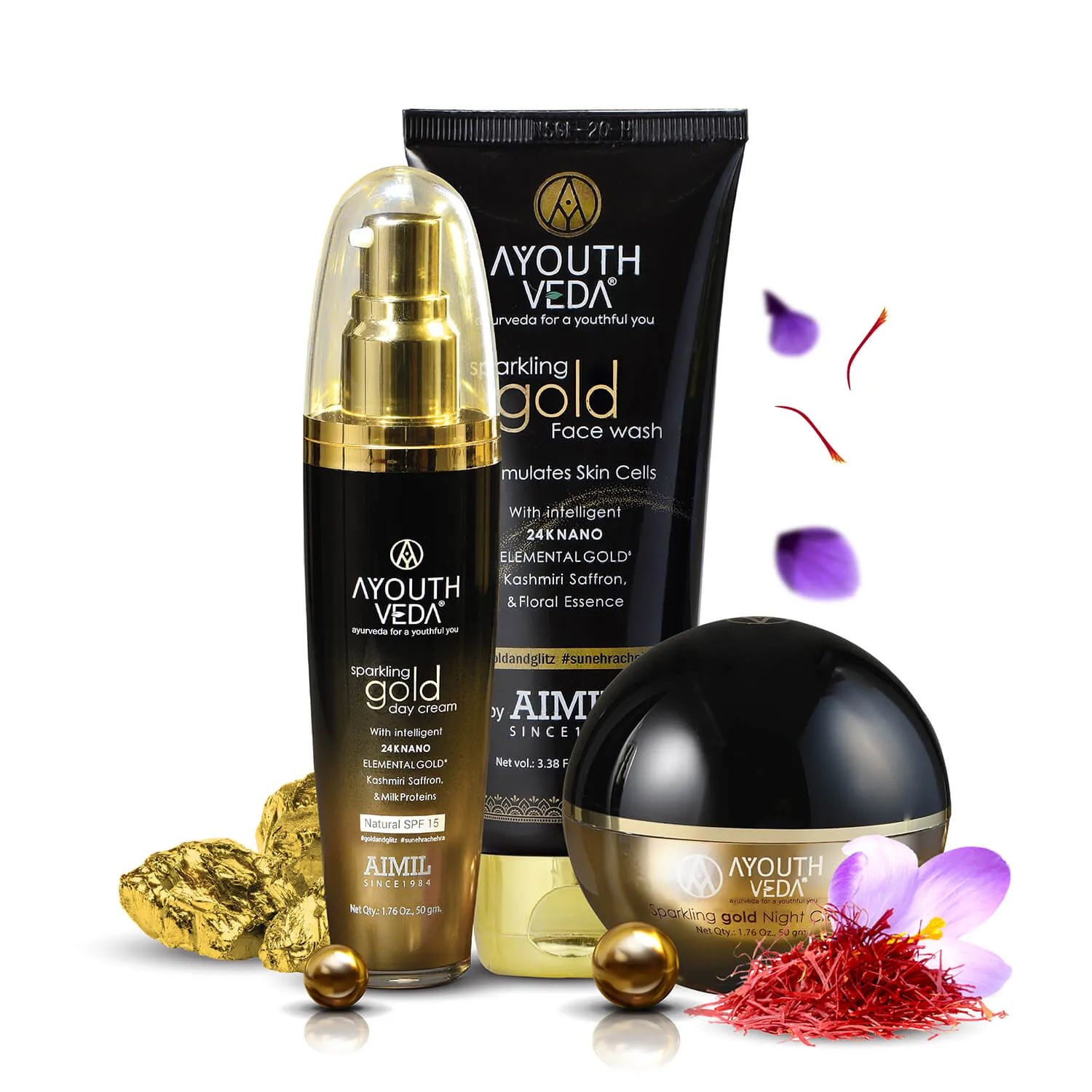 Anti Aging Regimen With 24k Gold & Saffron | Gold face wash 100ml , Day Cream 50g, Night Cream 50g