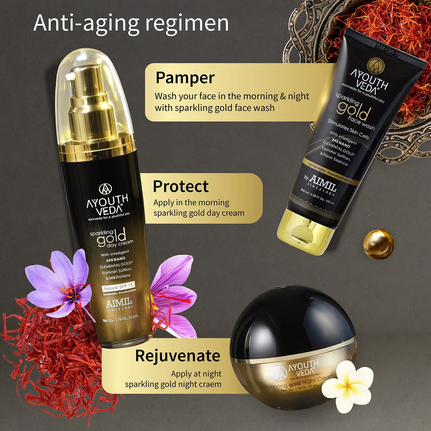 Anti Aging Regimen With 24k Gold & Saffron | Gold face wash 100ml , Day Cream 50g, Night Cream 50g