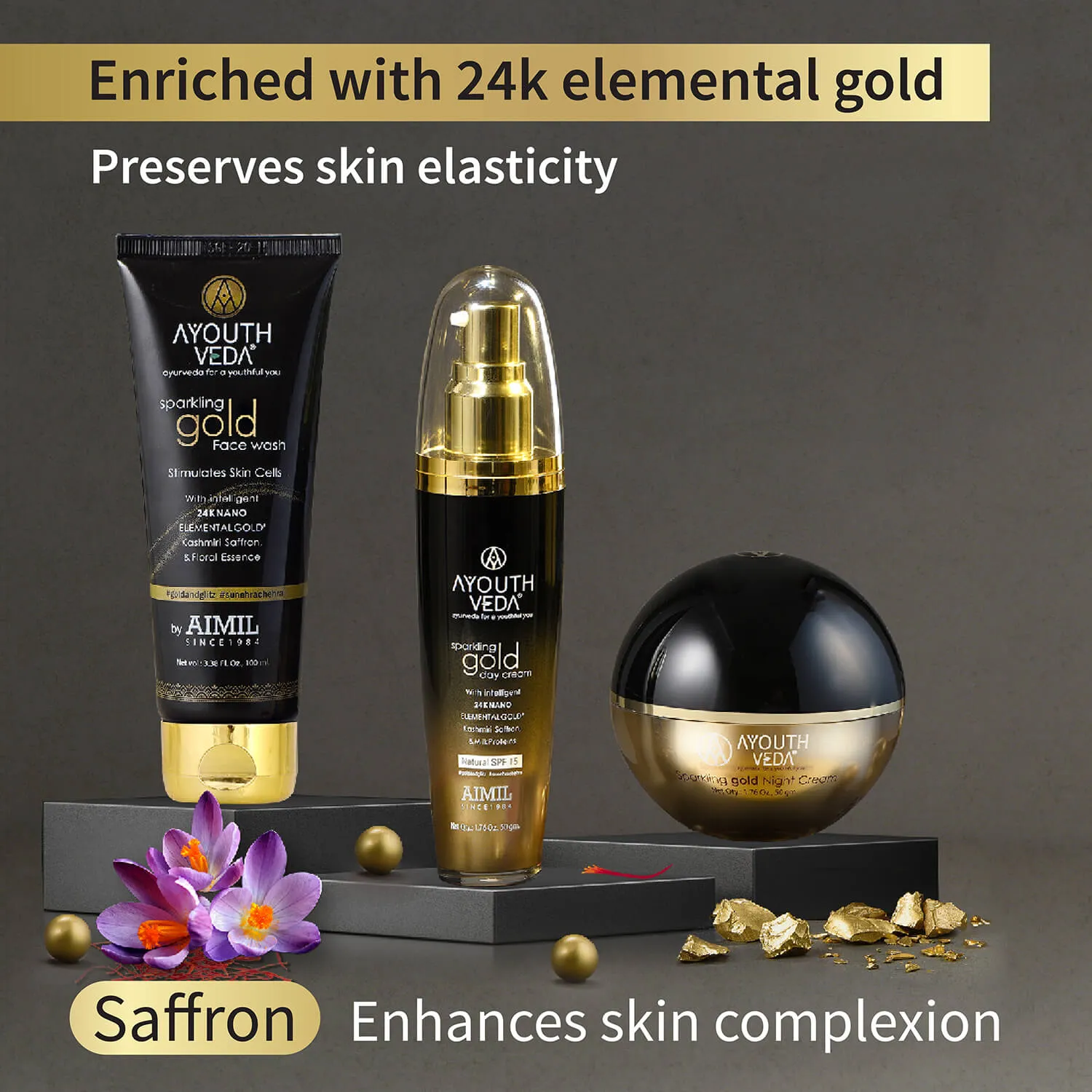 Anti Aging Regimen With 24k Gold & Saffron | Gold face wash 100ml , Day Cream 50g, Night Cream 50g