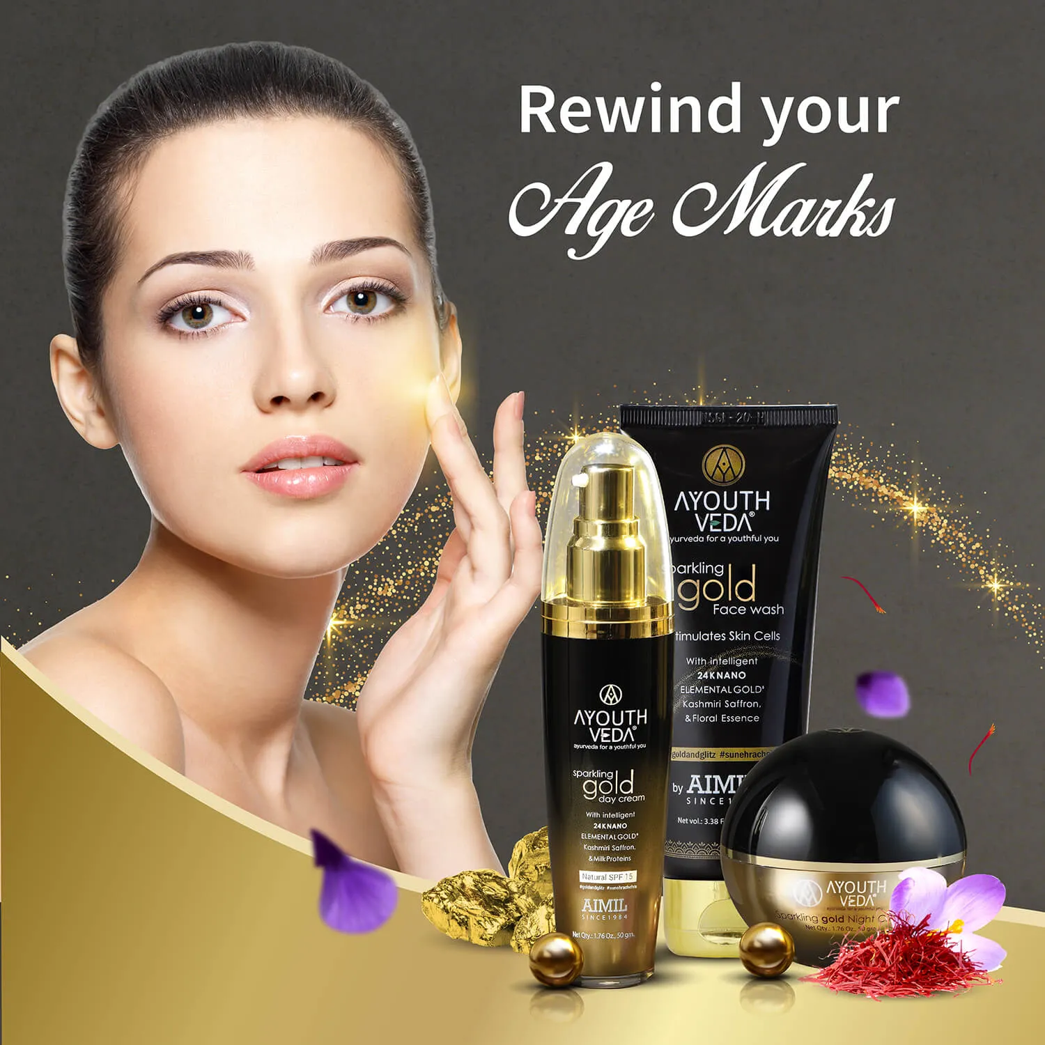 Anti Aging Regimen With 24k Gold & Saffron | Gold face wash 100ml , Day Cream 50g, Night Cream 50g