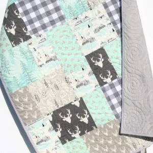 Baby Quilts for Sale, Handmade Personalized Gifts, Woodland Boy Nursery Decor, Plaid Minky Blanket, Grey Deer Light Blue Aqua Buck Stag Gift