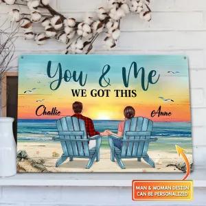 Back View Couple Sitting Beach Landscape Personalized Metal Sign
