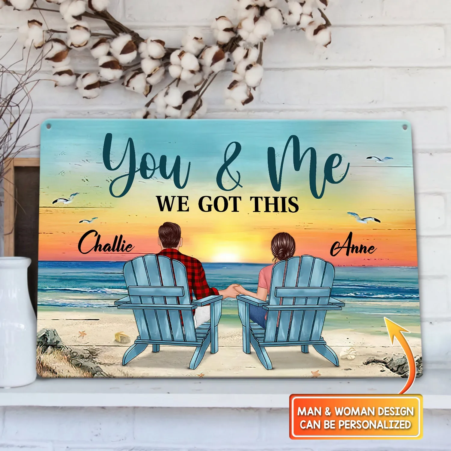 Back View Couple Sitting Beach Landscape Personalized Metal Sign