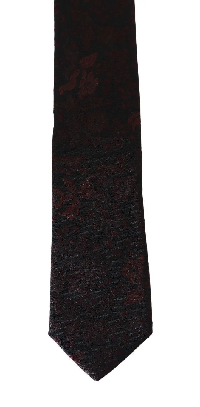 Black Silk Floral Red Pattern Slim Tie