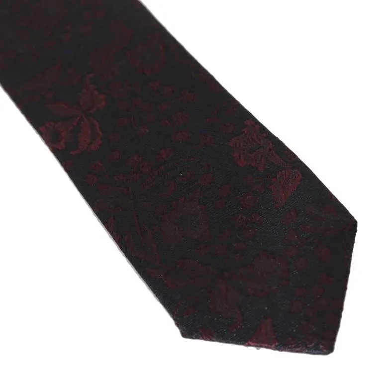 Black Silk Floral Red Pattern Slim Tie