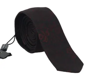 Black Silk Floral Red Pattern Slim Tie
