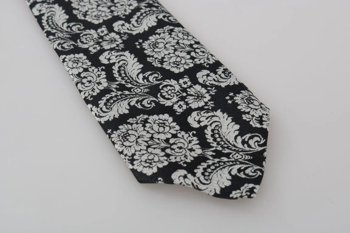 Black Silk White Baroque Pattern Tie