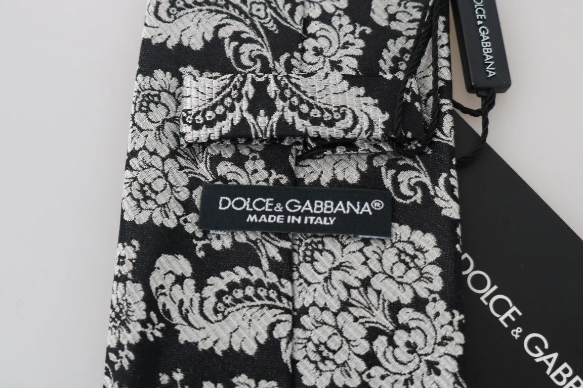Black Silk White Baroque Pattern Tie