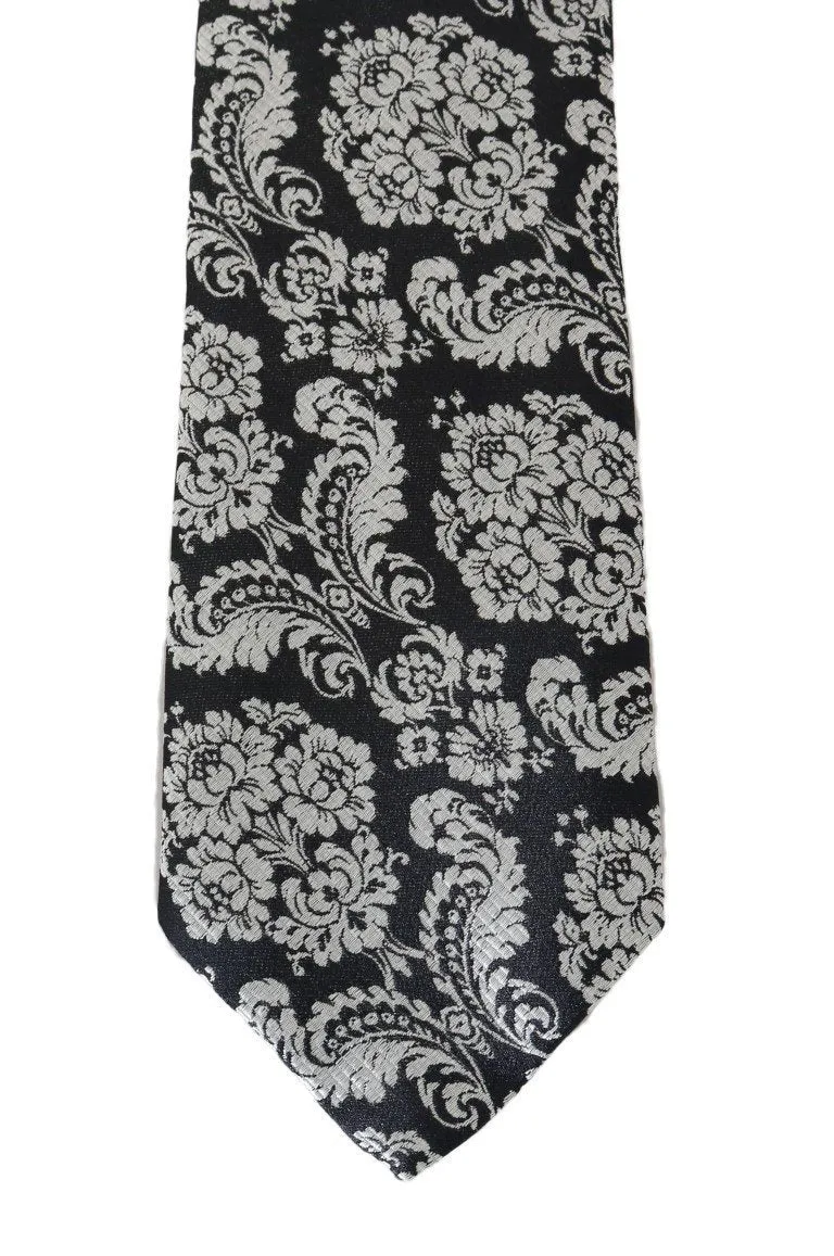 Black Silk White Baroque Pattern Tie