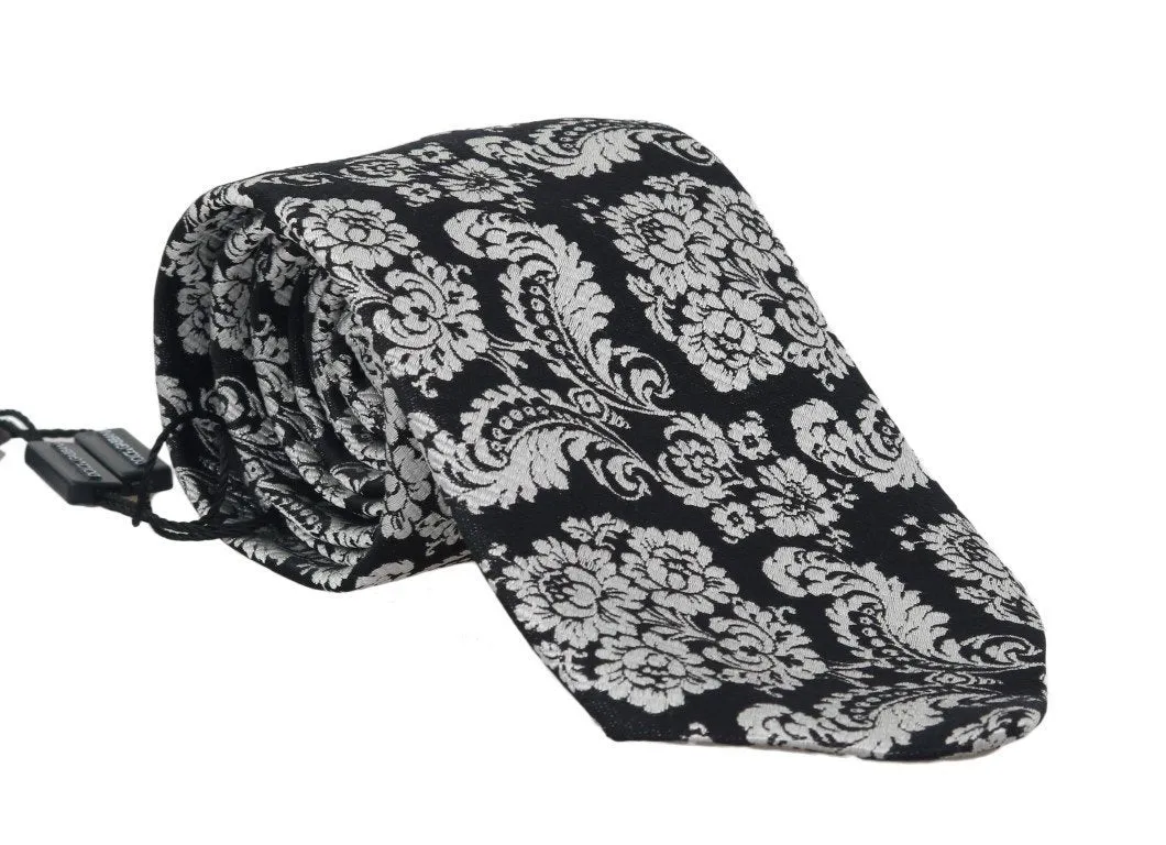 Black Silk White Baroque Pattern Tie
