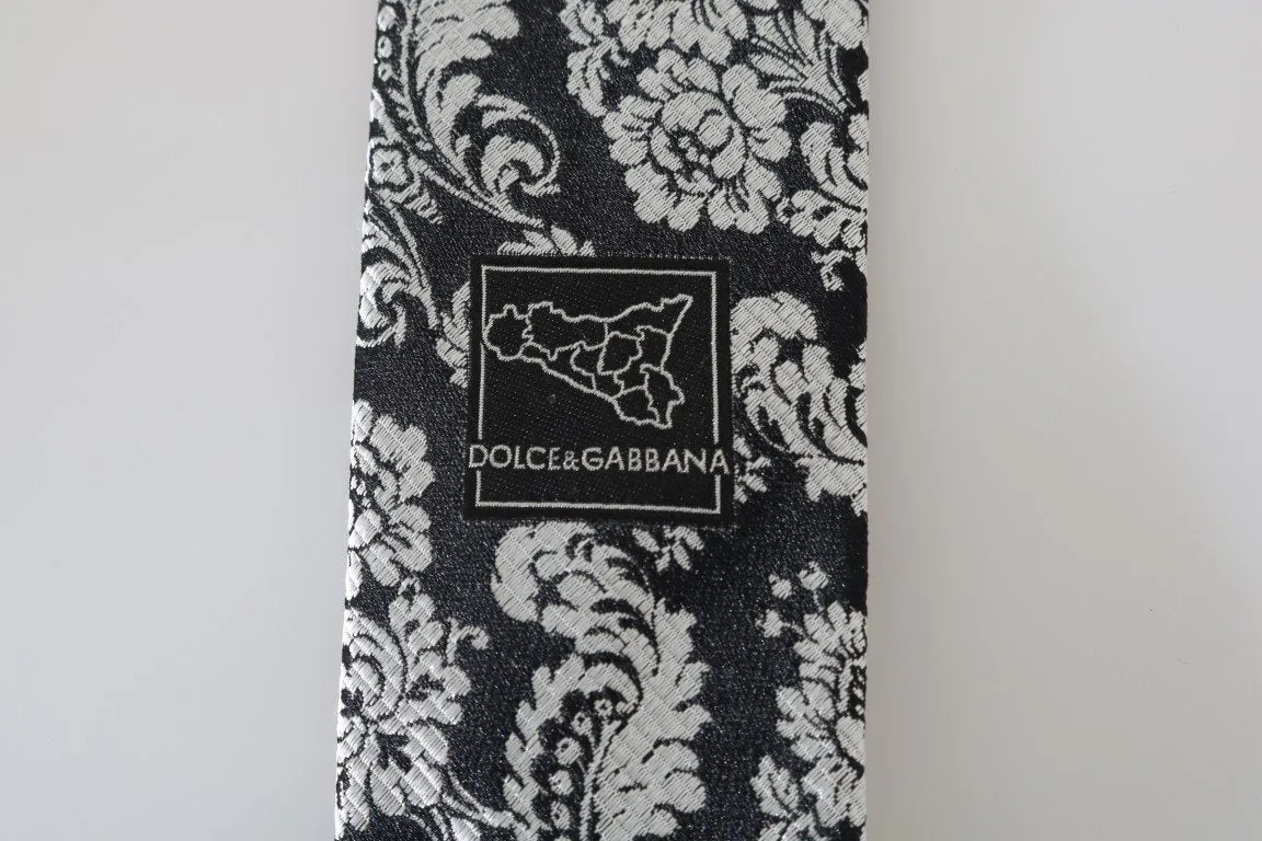 Black Silk White Baroque Pattern Tie