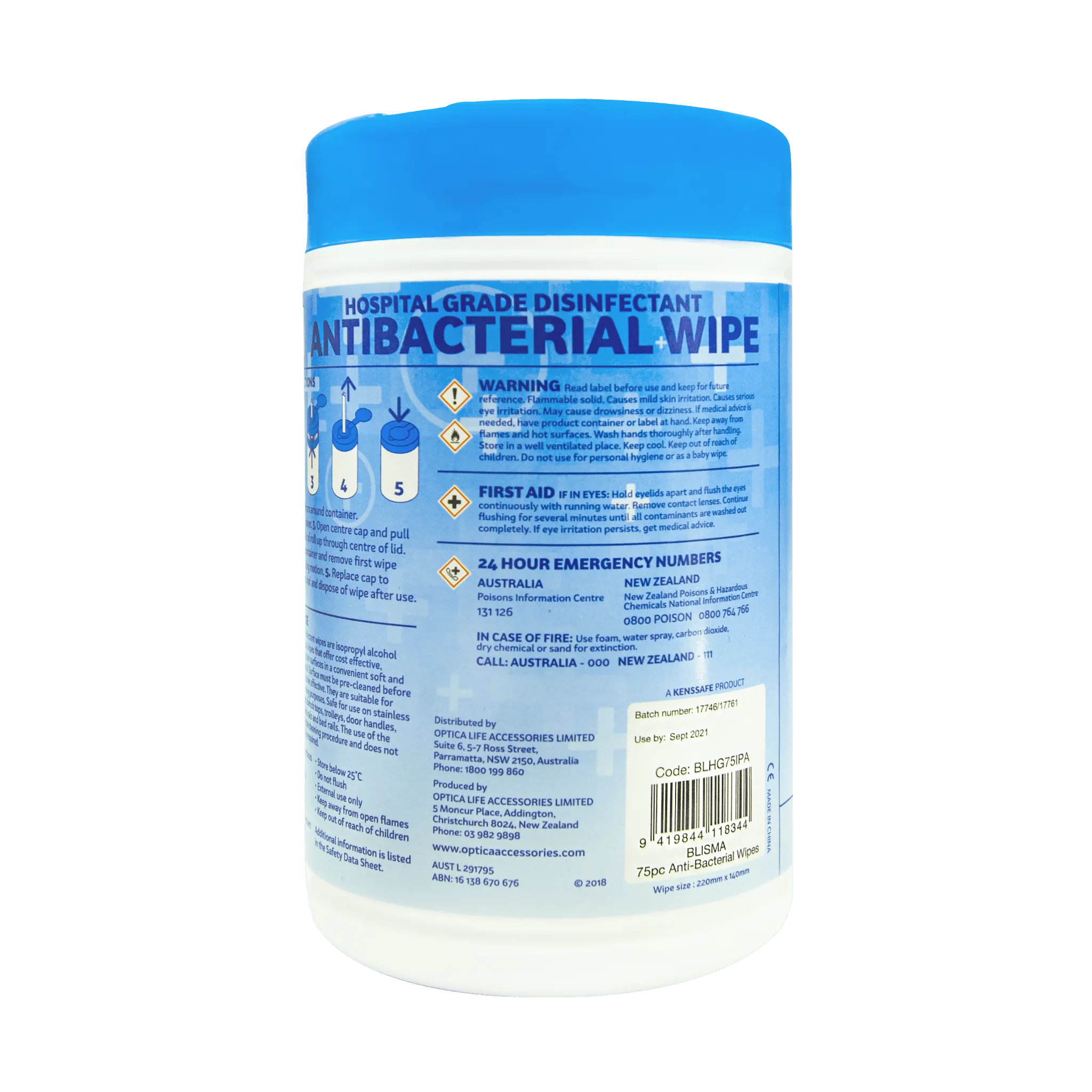 Blisma  Hospital Grade Anti-bacterial Wipes 75 Pk Tub