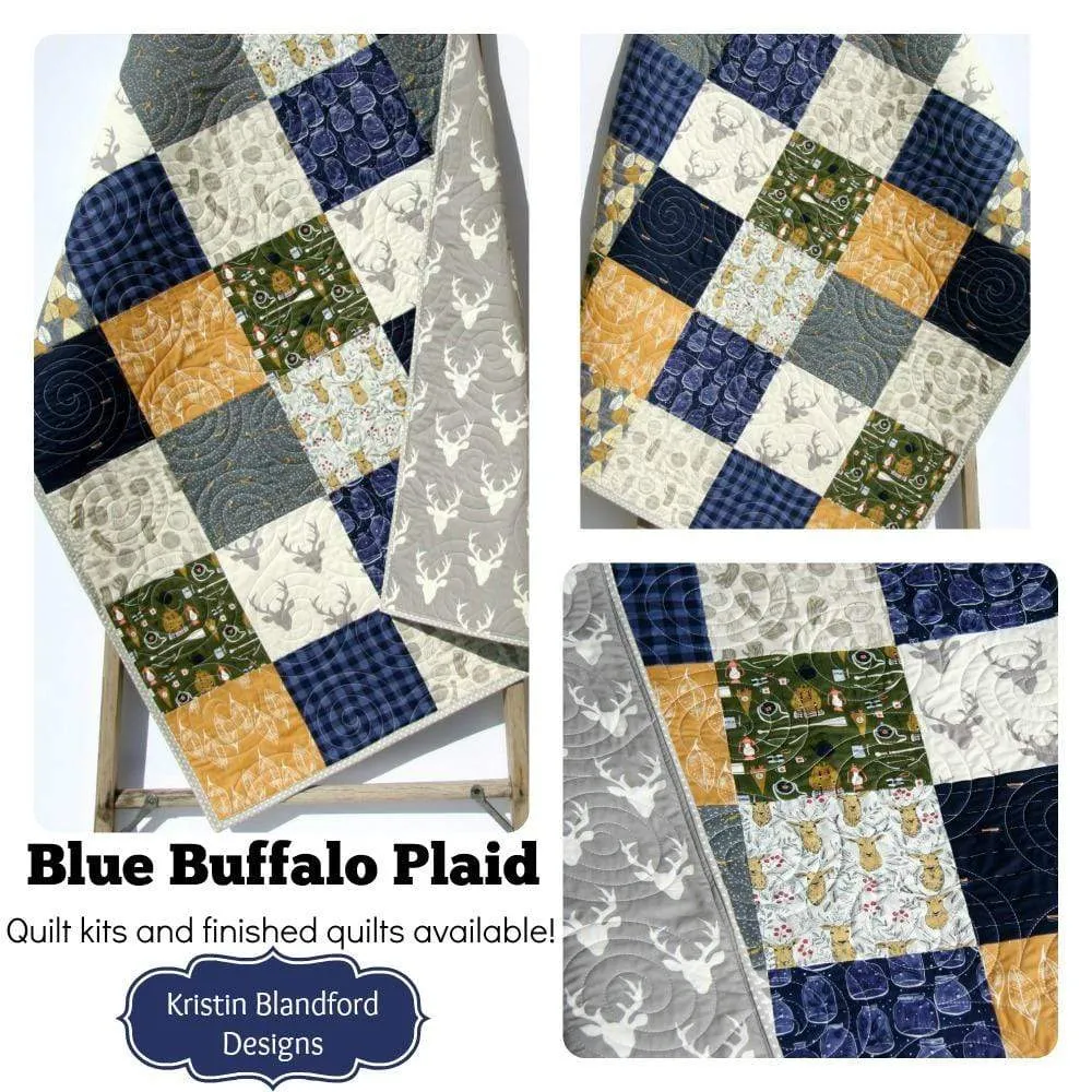 Blue Buffalo Plaid Quilt, Woodland Boy Lumberjack Plaid Check, Deer Camping