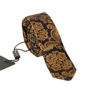 Brown Silk Gold Pattern Slim Tie