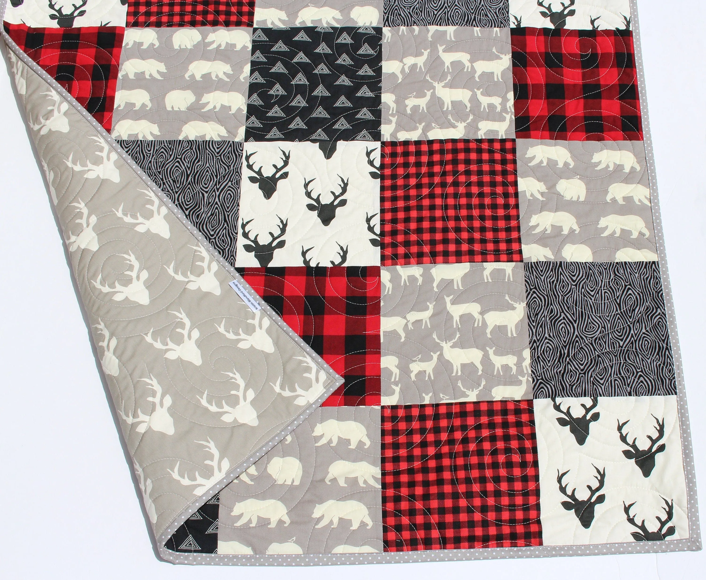 Buffalo Plaid Quilt Baby Lumberjack Check Blanket, Red Black Grey Gray Handmade Gift for Newborn Personalize Monogram Initial Name Birthdate