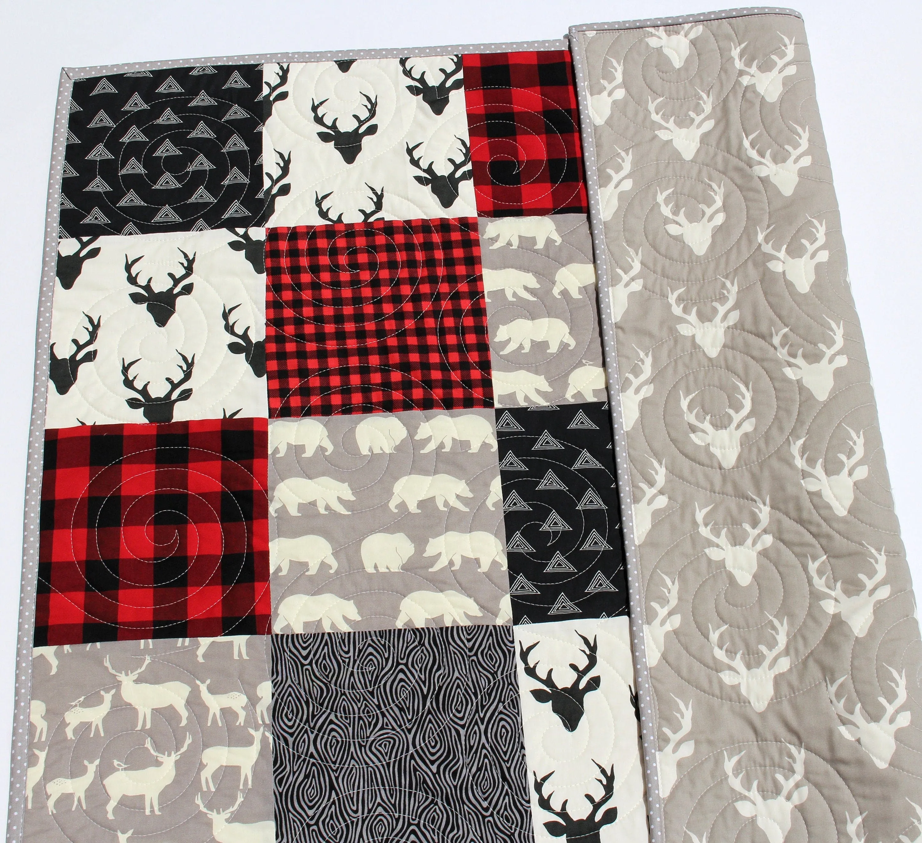 Buffalo Plaid Quilt Baby Lumberjack Check Blanket, Red Black Grey Gray Handmade Gift for Newborn Personalize Monogram Initial Name Birthdate