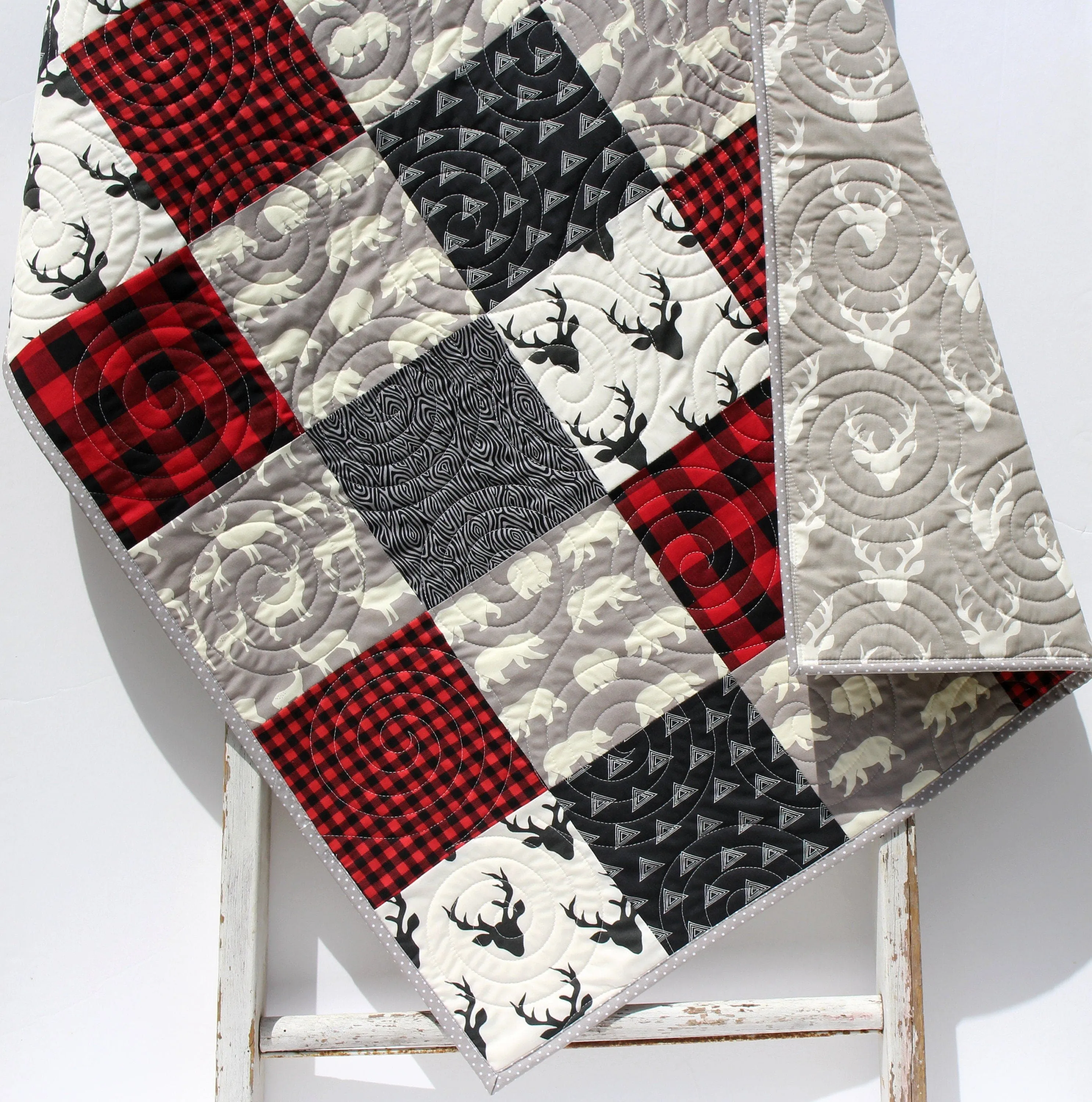 Buffalo Plaid Quilt Baby Lumberjack Check Blanket, Red Black Grey Gray Handmade Gift for Newborn Personalize Monogram Initial Name Birthdate