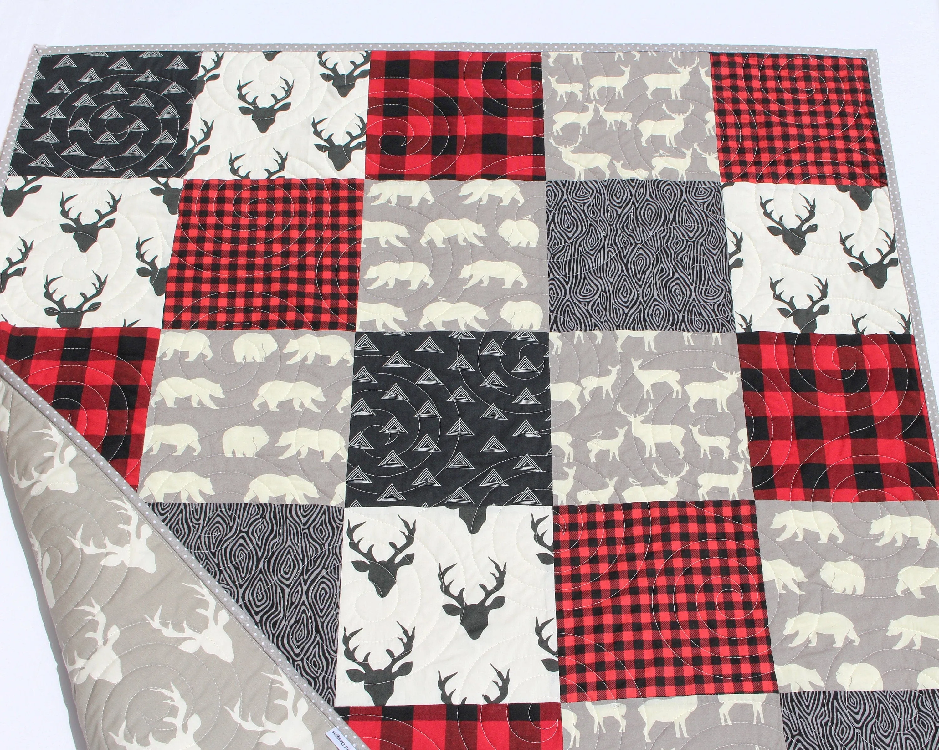 Buffalo Plaid Quilt Baby Lumberjack Check Blanket, Red Black Grey Gray Handmade Gift for Newborn Personalize Monogram Initial Name Birthdate