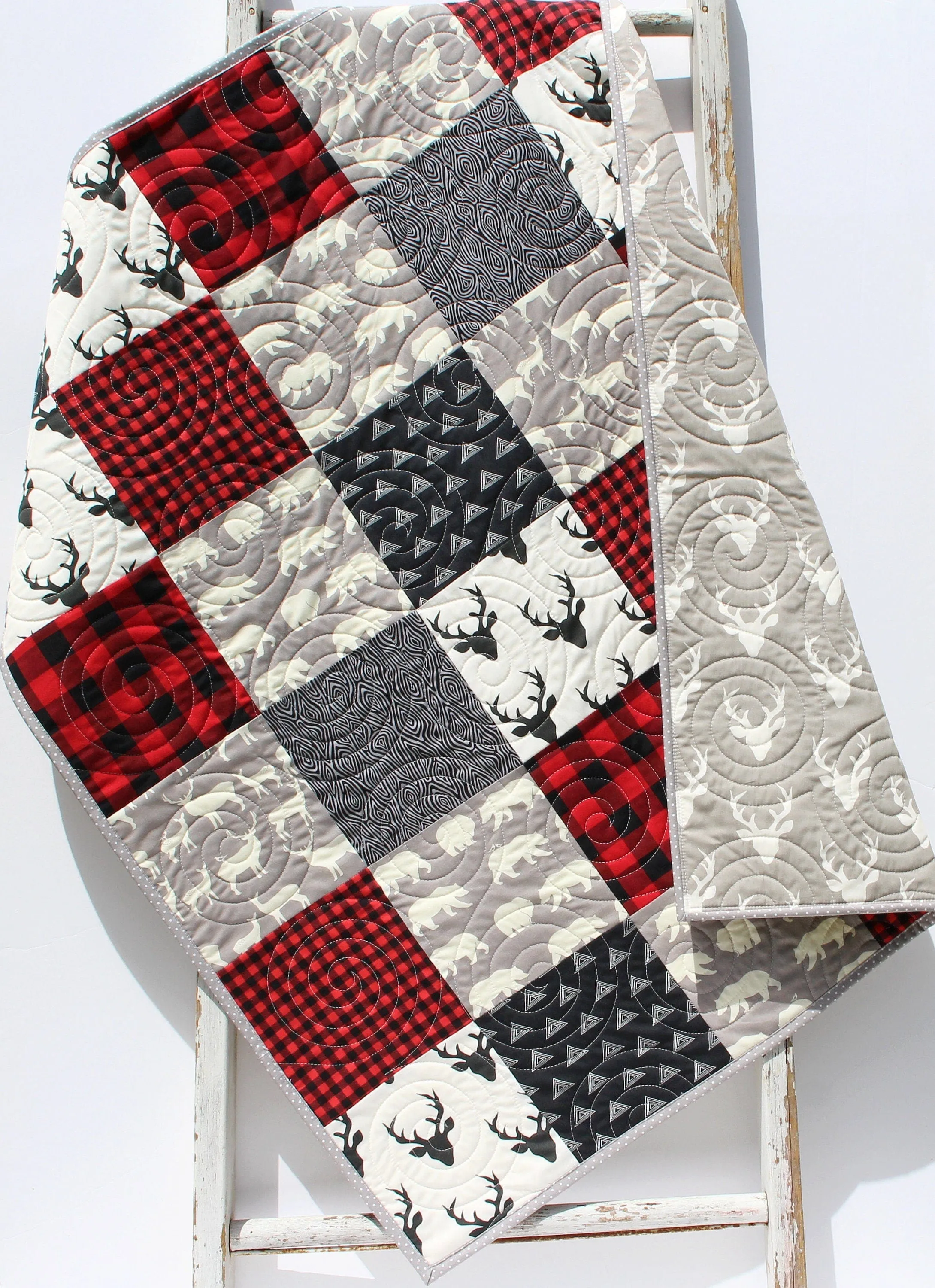 Buffalo Plaid Quilt Baby Lumberjack Check Blanket, Red Black Grey Gray Handmade Gift for Newborn Personalize Monogram Initial Name Birthdate