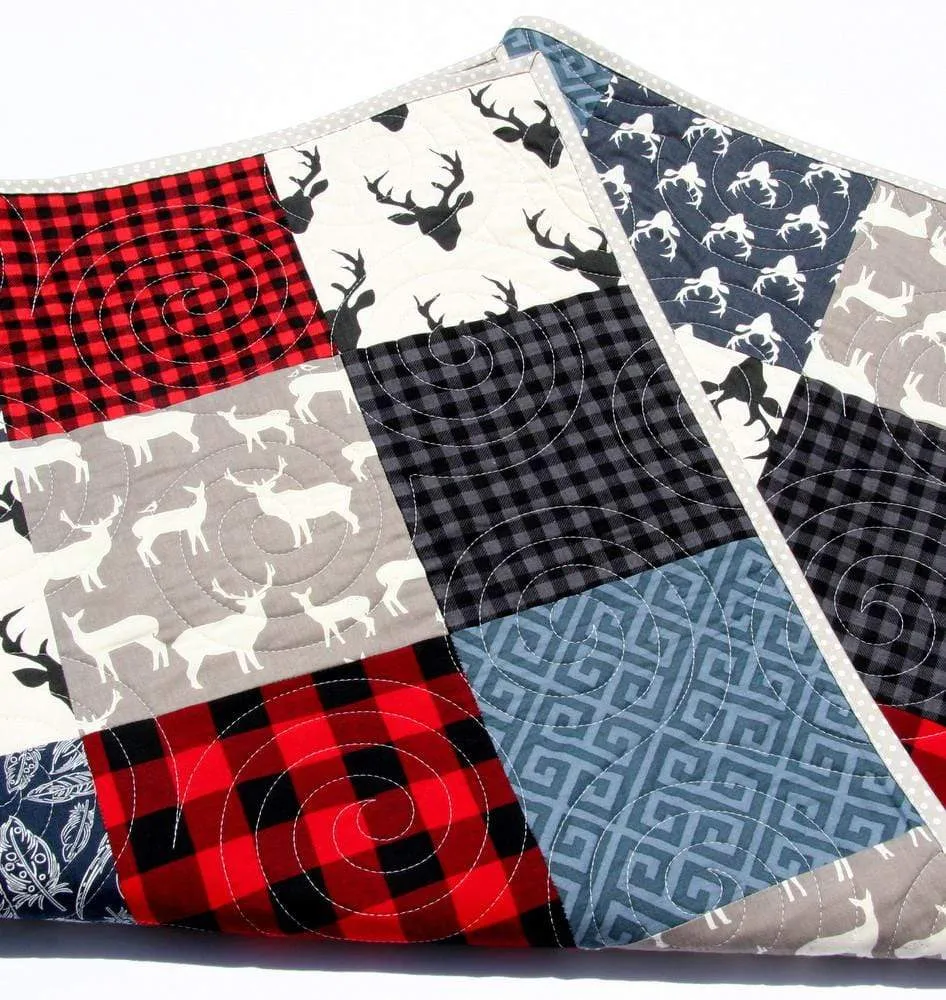 Buffalo Plaid Quilt, Navy Blue Red, Woodland Boy Lumberjack Plaid Nursery, Deer Baby Blanket