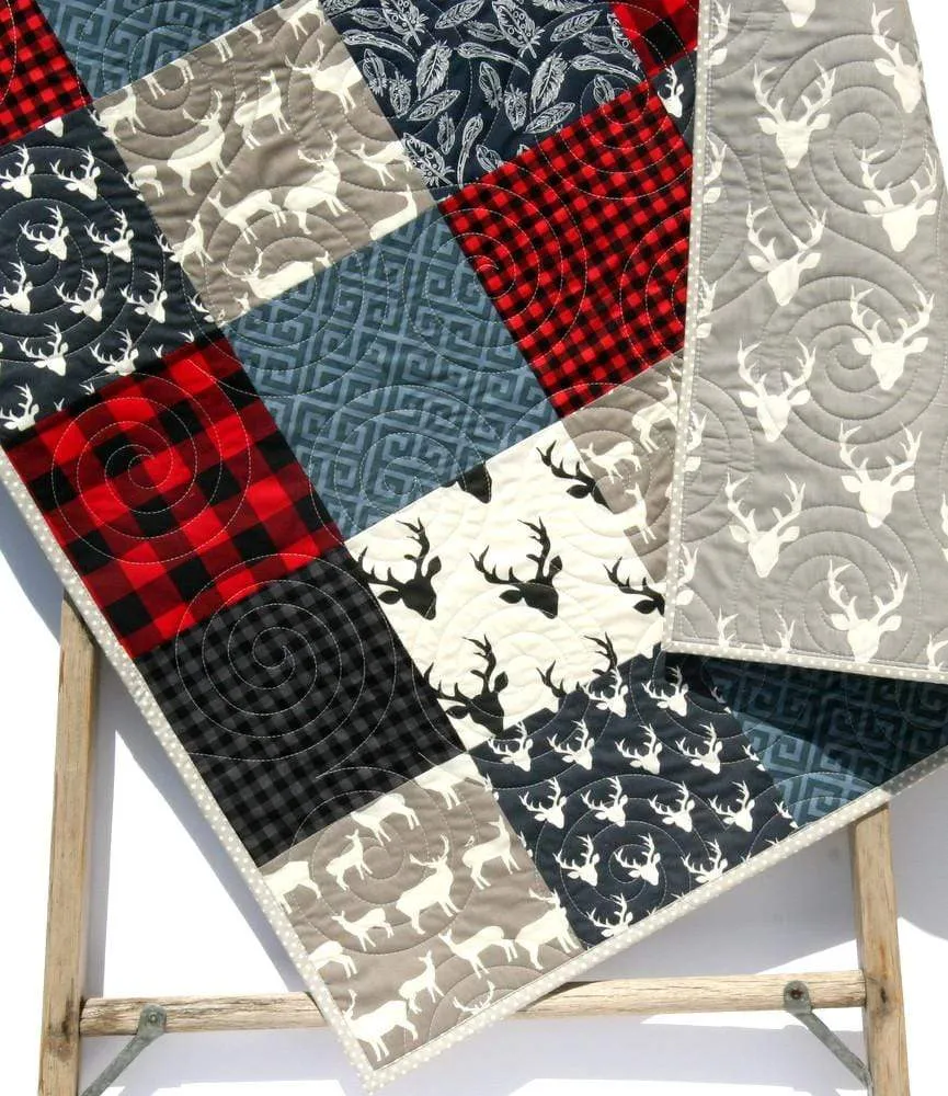 Buffalo Plaid Quilt, Navy Blue Red, Woodland Boy Lumberjack Plaid Nursery, Deer Baby Blanket