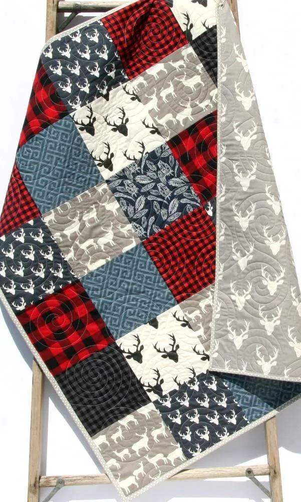 Buffalo Plaid Quilt, Navy Blue Red, Woodland Boy Lumberjack Plaid Nursery, Deer Baby Blanket
