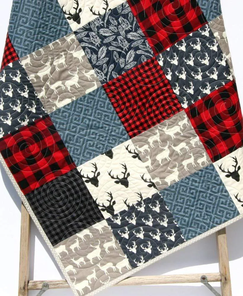 Buffalo Plaid Quilt, Navy Blue Red, Woodland Boy Lumberjack Plaid Nursery, Deer Baby Blanket