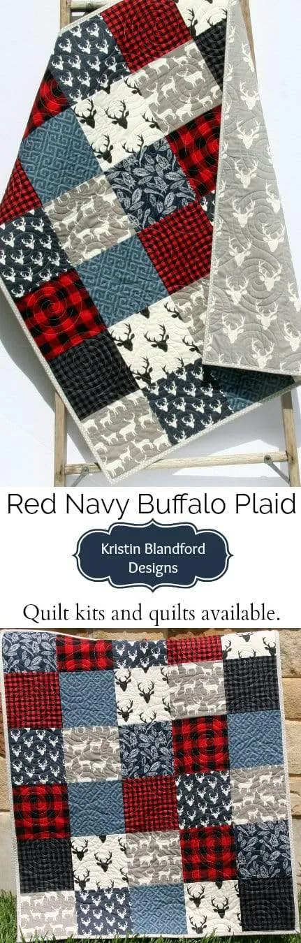 Buffalo Plaid Quilt, Navy Blue Red, Woodland Boy Lumberjack Plaid Nursery, Deer Baby Blanket