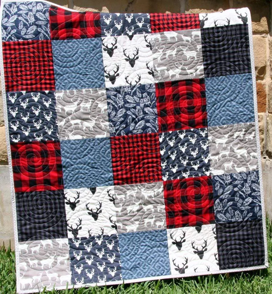 Buffalo Plaid Quilt, Navy Blue Red, Woodland Boy Lumberjack Plaid Nursery, Deer Baby Blanket