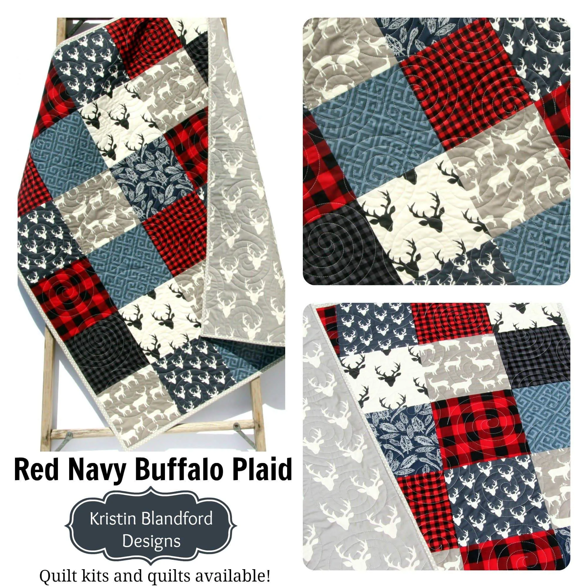 Buffalo Plaid Quilt, Navy Blue Red, Woodland Boy Lumberjack Plaid Nursery, Deer Baby Blanket